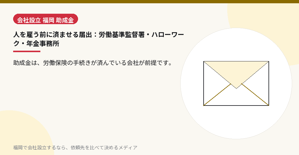 人を雇う前に済ませる届出：労働基準監督署・ハローワーク・年金事務所／福岡の会社設立の代行を比べる