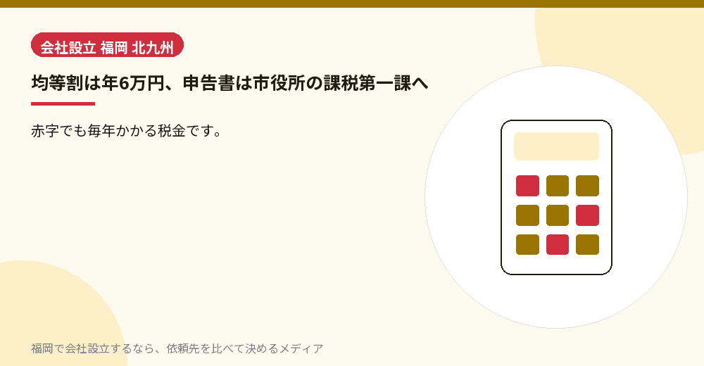 均等割は年6万円、申告書は市役所の課税第一課へ／福岡の会社設立の代行を比べる