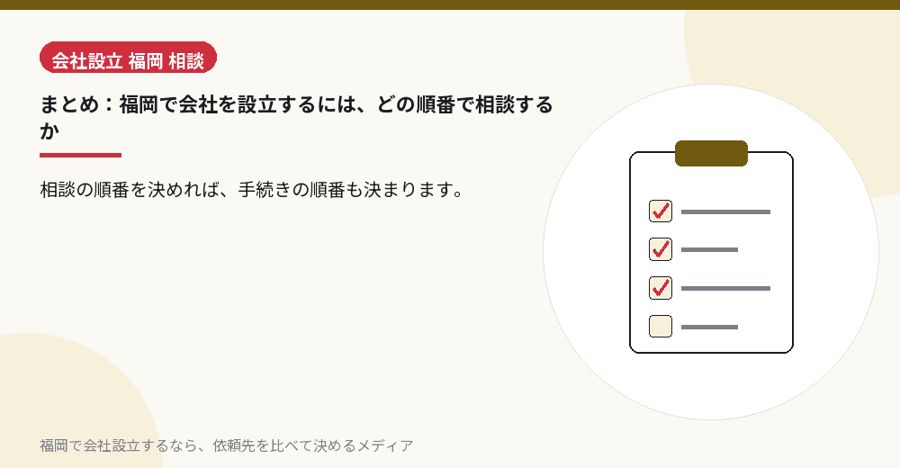 まとめ：福岡で会社を設立するには、どの順番で相談するか／福岡の会社設立の代行を比べる
