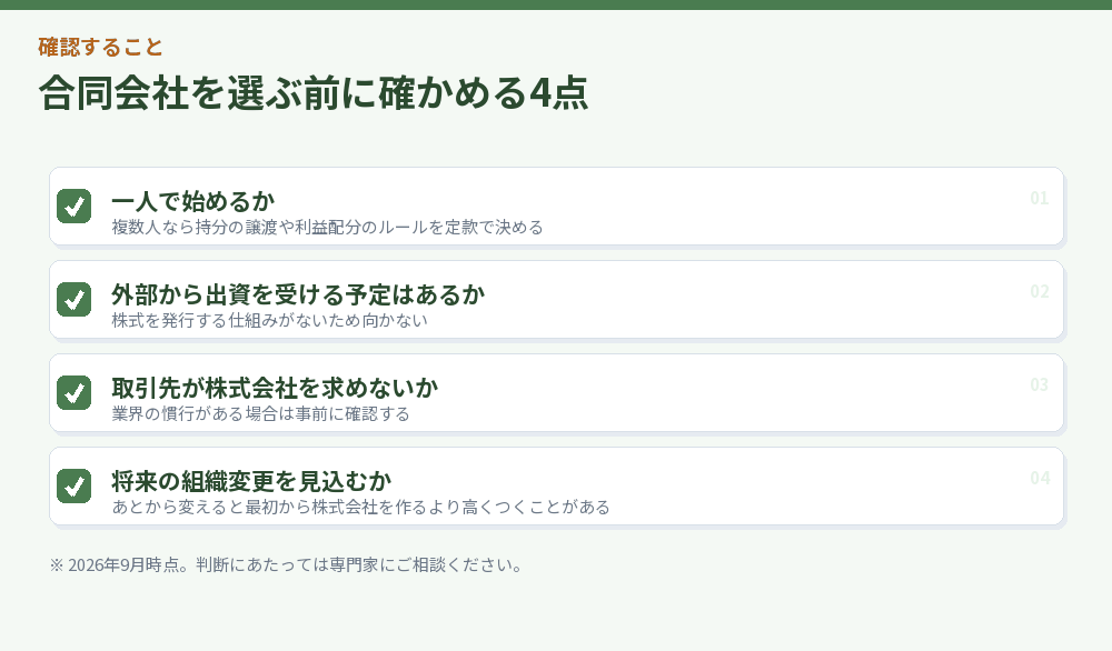 合同会社を選ぶ前に確かめる4点