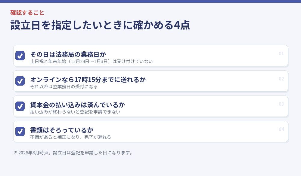 設立日を指定したいときに確かめる4点