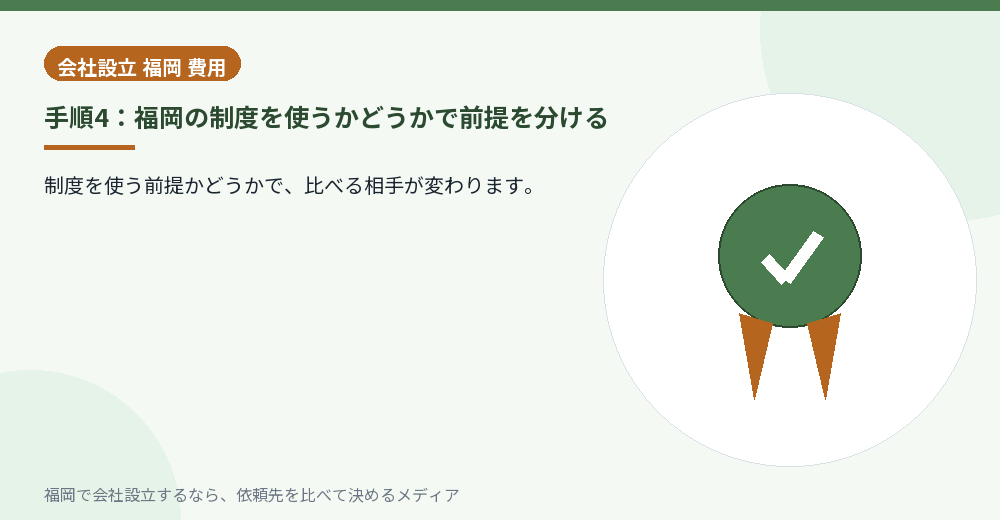 手順4:福岡の制度を使うかどうかで前提を分ける/福岡の会社設立の代行を比べる