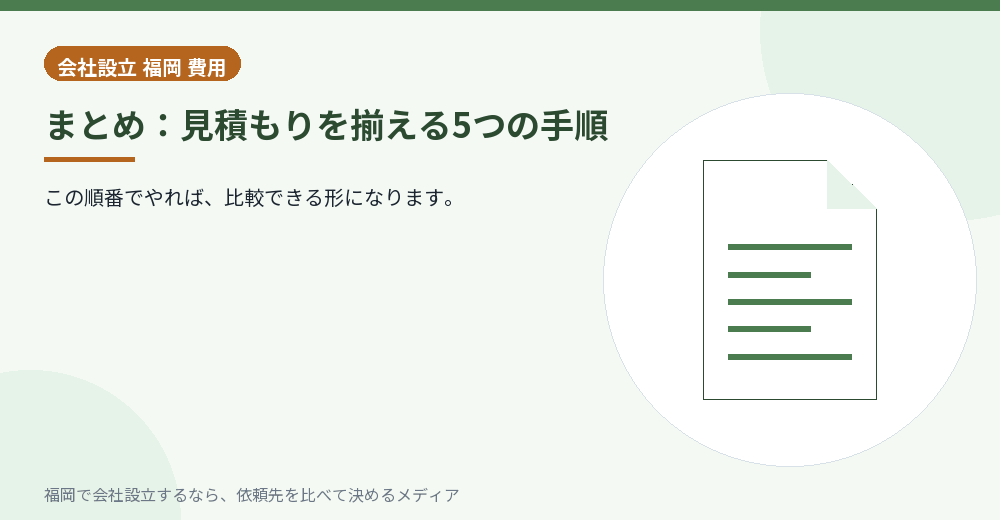 まとめ:見積もりを揃える5つの手順/福岡の会社設立の代行を比べる
