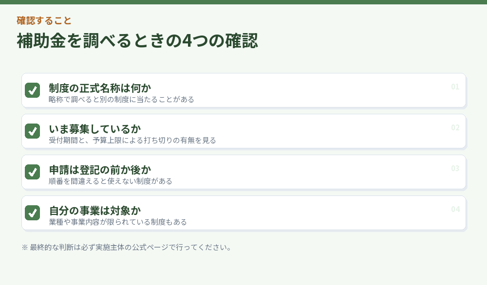 補助金を調べるときの4つの確認