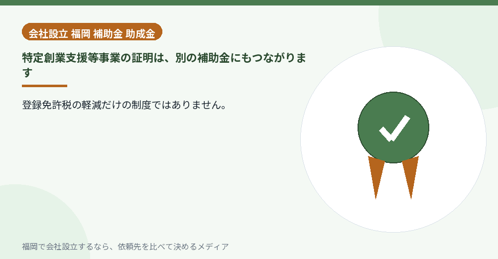 特定創業支援等事業の証明は、別の補助金にもつながります／福岡の会社設立の代行を比べる
